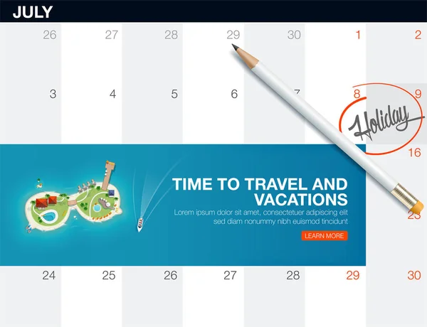 Vista superior de la isla en forma de gafas de sol. Lista de calendario con banner de viaje creativo para viajes y turismo . — Vector de stock