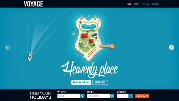 Modelo de cabeçalho do site conceito para viagens e turismo. Vista superior da ilha na forma de um maiô. Tempo para viajar e banner de férias . — Vetor de Stock
