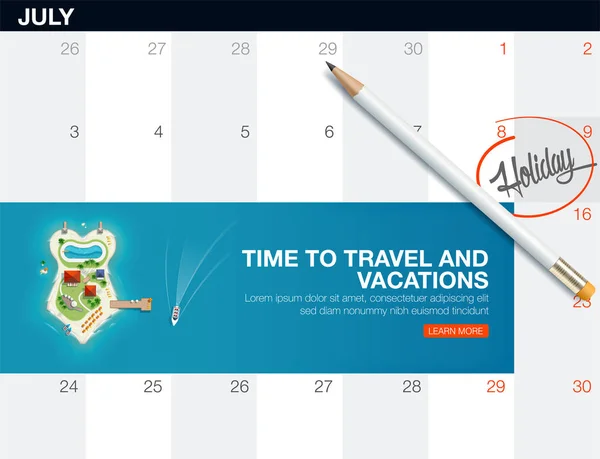 Blick von oben auf die Insel in Form eines Badeanzugs. Kalenderliste mit kreativem Reisebanner für Reise und Tourismus. — Stockvektor