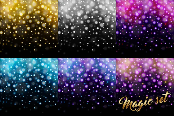 Kouzelná sada třpytky částic izolované na černém pozadí. Déšť glitter částice. Padající vánoční svítící. Vločky, sněžení. Jiskřivé textura. Hvězdný prach jiskry. Vektorové ilustrace — Stockový vektor