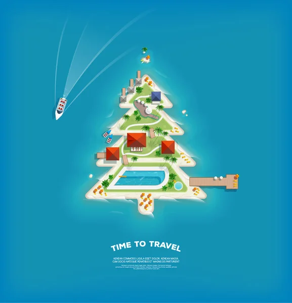 Δημιουργικό αφίσας με το νησί με τη μορφή ενός χριστουγεννιάτικου δέντρου. Παραθεριστικές κατοικίες διακοπών πανό. Κάτοψη του νησιού. Ταξίδι διακοπών. Ταξίδια και τουρισμός. — Διανυσματικό Αρχείο