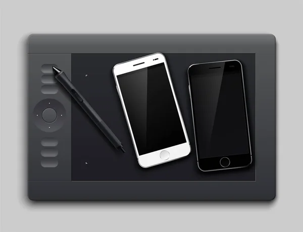 Графический планшет и два смартфона белый и черный. Изолирован на сером фоне. Векторная иллюстрация — стоковый вектор