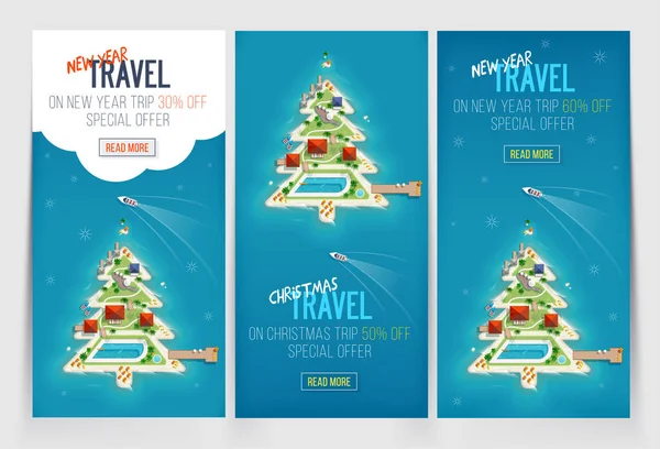 Três banners de Férias de Ano Novo e Natal. Ilha na forma de uma árvore de Natal. Vista superior da ilha. Oferta especial, viagem de férias. venda e desconto. Viagens e turismo . —  Vetores de Stock