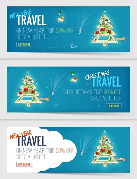 Três banners de Férias de Ano Novo e Natal. Ilha na forma de uma árvore de Natal. Vista superior da ilha. Oferta especial, viagem de férias. venda e desconto. Viagens e turismo . —  Vetores de Stock