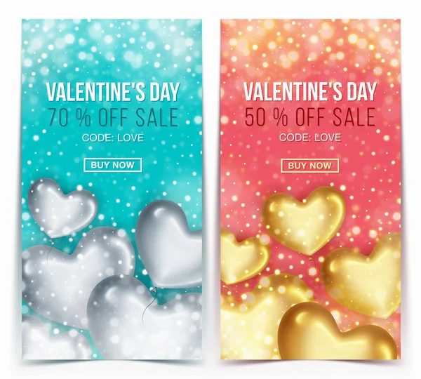 Banner de venda vertical com oferta de desconto para a celebração do Dia dos Namorados Feliz. Balões em forma de coração. Ilustração vetorial —  Vetores de Stock