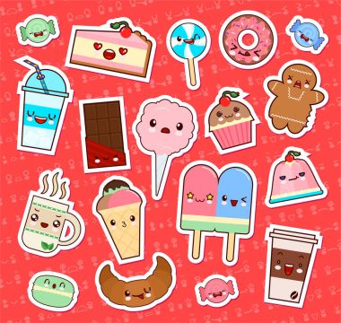 Şirin kawaii gıda ifade çıkartmaları kümesi. kek, dondurma, çörek, şeker, kruvasan ve etc. Koleksiyon ifade manga, karikatür tarzı. Vektör çizim. Sevimli karakterler simgeleri tasarım