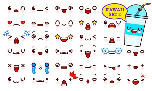 Σύνολο kawaii χαριτωμένο πρόσωπο emoticon και γλυκό κοκτέιλ kawaii. Συλλογή φατσούλα manga, κινούμενα σχέδια στυλ. Εικονογράφηση διάνυσμα. Αξιολάτρευτο χαρακτήρες σχεδιασμό εικονίδια — Διανυσματικό Αρχείο
