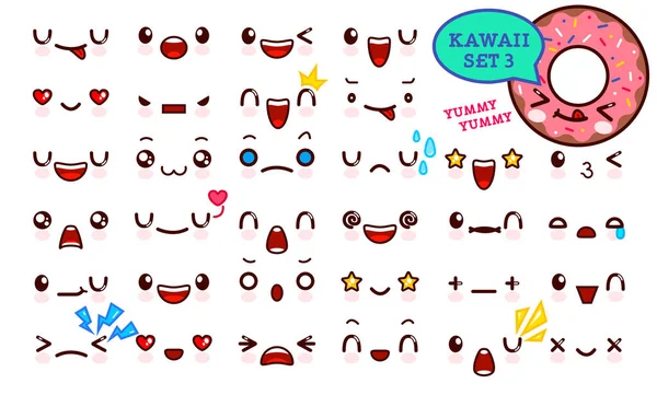 Zestaw ładny kawaii twarz i kawaii słodkie pączki. Kolekcja emotikon manga, stylu cartoon. Ilustracja wektorowa. Projektowanie ikon znaków ładny — Wektor stockowy