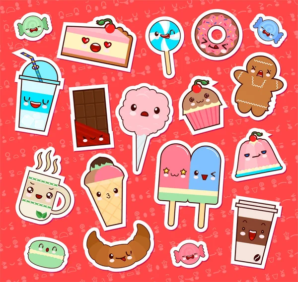 Conjunto de pegatinas kawaii alimentos emoticones lindo. magdalenas, helados, rosquillas, dulces, croissant y etc. Colección emoticonos manga, estilo de dibujos animados. Ilustración vectorial. Diseño de iconos de personajes adorables — Vector de stock