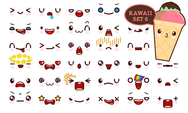 Σύνολο kawaii χαριτωμένο πρόσωπο emoticon και γλυκό παγωτό kawaii. Συλλογή φατσούλα manga, κινούμενα σχέδια στυλ. Εικονογράφηση διάνυσμα. Αξιολάτρευτο χαρακτήρες σχεδιασμό εικονίδια — Διανυσματικό Αρχείο