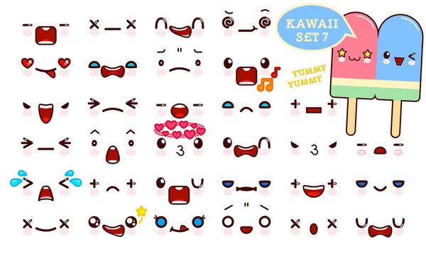 Σύνολο kawaii χαριτωμένο πρόσωπο emoticon και γλυκό ζευγάρι παγωτό kawaii. Συλλογή φατσούλα manga, κινούμενα σχέδια στυλ. Εικονογράφηση διάνυσμα. Αξιολάτρευτο χαρακτήρες σχεδιασμό εικονίδια — Διανυσματικό Αρχείο