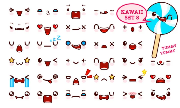 Şirin kawaii ifade yüz ve tatlı şeker bir sopa kawaii üzerinde kümesi. Koleksiyon ifade manga, karikatür tarzı. Vektör çizim. Sevimli karakterler simgeleri tasarım — Stok Vektör