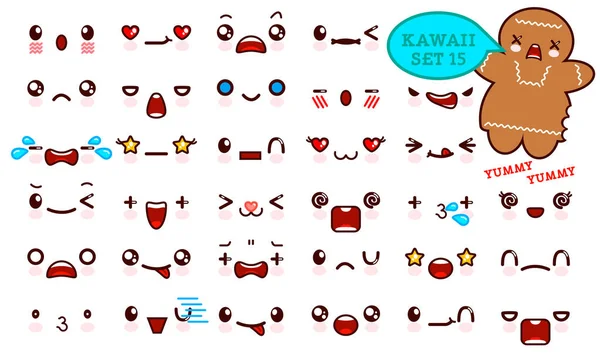 Ensemble de mignon kawaii émoticône visage et biscuit doux kawaii. Collection emoticon manga, style dessin animé. Illustration vectorielle. Adorables icônes personnages design — Image vectorielle