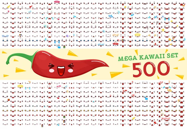 500 Mega set kawaii cute emoticon wajah dan kawaii cabai. Koleksi emoticon manga, gaya kartun. Vektor ilustrasi. Desain ikon karakter yang manis - Stok Vektor
