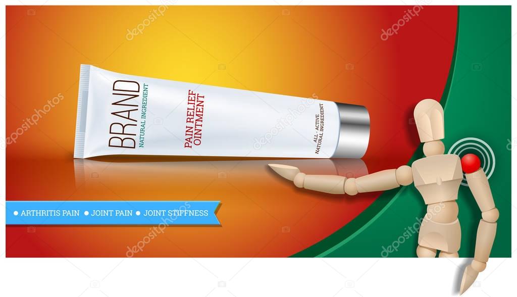 Pain relief ointment horizontal banner with realistic design blank white cosmetic tube pack Of Cream Or Gel. Wooden mannequin. Vector illustration