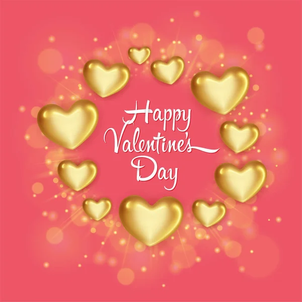 Elegante tarjeta de felicitación con brillantes corazones dorados. Feliz día de San Valentín. Ilustración vectorial — Vector de stock