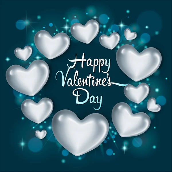 Elegante tarjeta de felicitación con corazones plateados brillantes. Feliz día de San Valentín. Ilustración vectorial — Vector de stock