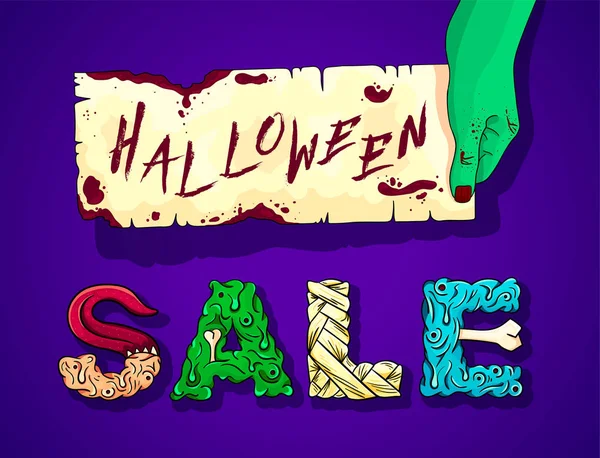 Halloween verkoop. Banner met belettering. Verkoop en korting! Vectorillustratie — Stockvector