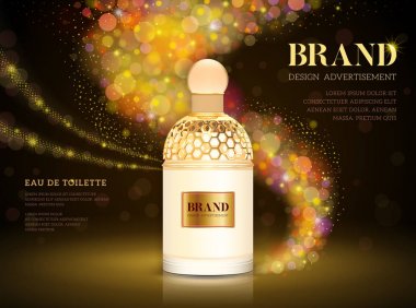 Premium parfüm reklamları, lüks parfüm şişesi Satılık veya günlük reklam. Glitter sparkles arka planda, gerçekçi vektör illüstrasyon izole.