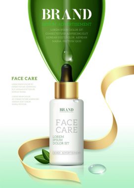 Kozmetik reklamları şablonu nem özü yeşil çay alarak. Cilt bakımı kozmetik özü, kozmetik reklamları veya dergi için vektör çizim.