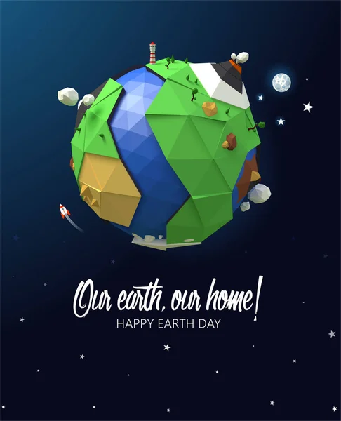 Happy Earth Day poster. Vector low poly earth. Polygonal globe icon. — Stock Vector