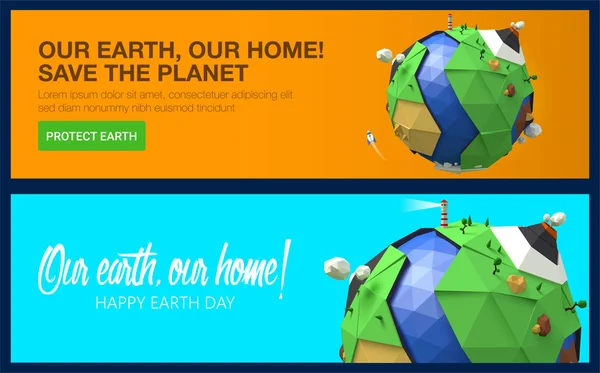 Happy Earth Day banners. Vector low poly earth. Polygonal globe icon. — Stock Vector