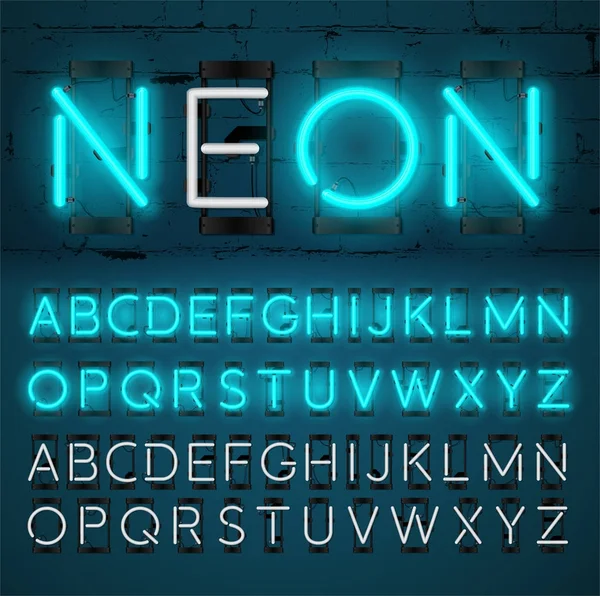 Neon Light alfabet wektor czcionek. Świecące efekt tekstu. Włączanie i wyłączanie lampy. Rur neonowych liter na tle ściany cegła. na białym tle na niebieskim tle. — Wektor stockowy