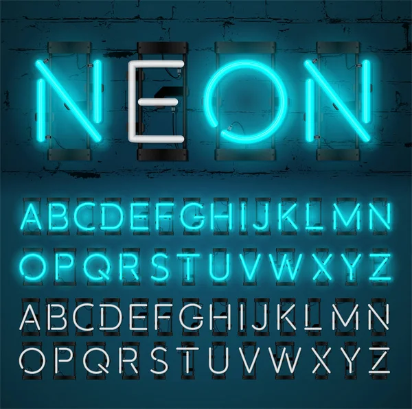 Neon ışık alfabe vektör yazı tipi. Parlak metin efekti. Açık ve kapalı lamba. Neon tüp harfler tuğla duvar arka plan. üzerinde mavi arka plan izole.