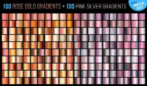 Vector mega conjunto de 100 ouro rosa e 100 gradientes de prata rosa. Tendências textura fundo cor. Mega coleção ilustração gradiente metálico e dourado para design de moda . — Vetor de Stock