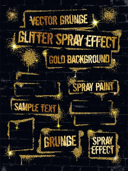 Çeşitli tuğla duvar grafiti sprey boya parıltı. Çerçeve altın sparkles konfeti ile veya glitter jel boya gibi. Parlatıcı sprey grunge arka plan. — Stok Vektör