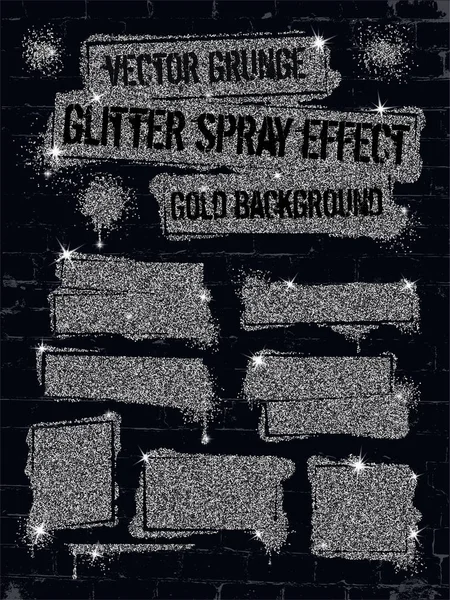 Vários graffiti tinta spray brilho na parede de tijolo. Moldura com prata faíscas confete ou como tinta gel brilho. Shine spray grunge fundo . —  Vetores de Stock