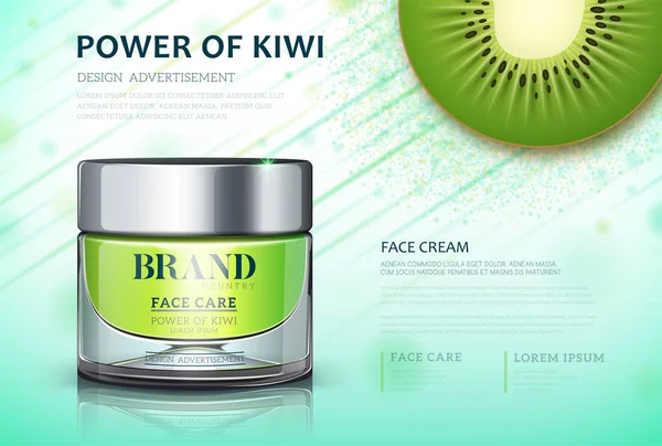 Kiwi a base di crema idratante. Modello di annunci cosmetici. Cura della pelle potere crema cosmetica di kiwi. bottiglia di crema, illustrazione vettoriale per pubblicità cosmetiche o riviste . — Vettoriale Stock