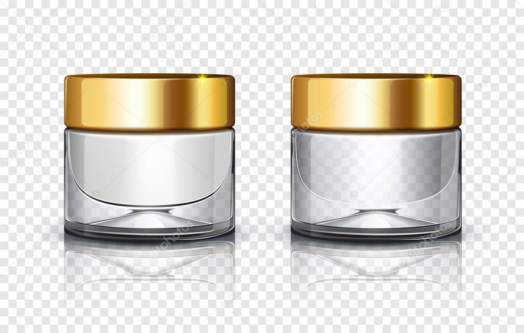Glass cosmetic jar with golden lid isolated on transparent background. Vector illustration