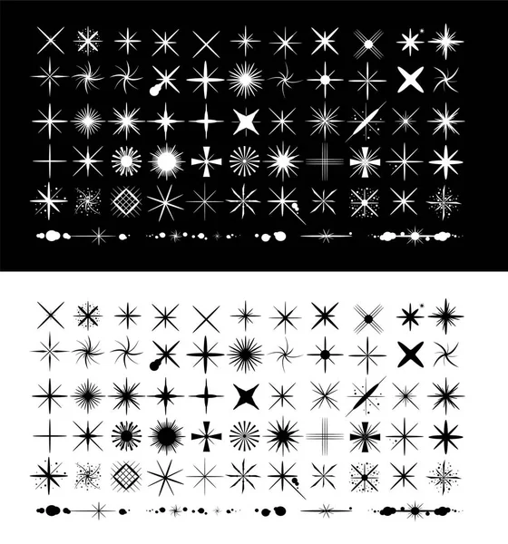 Großes Set aus hochwertigem Sternenfunkeln und Glitzerpinsel. Pinselspitzen. isoliert auf schwarzem und weißem Hintergrund. Vektorillustration — Stockvektor
