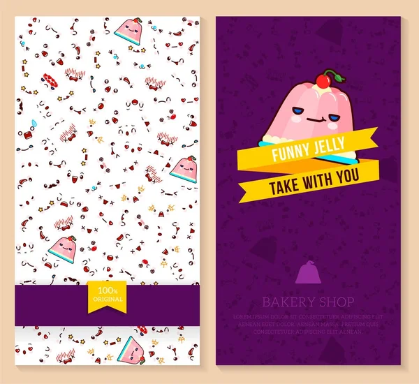 Kawaii zweiseitige Broschüre, Flyer für Bäckerladen. Lustiges Kartendesign mit Emotionsmuster und süßem Gelee. Vektorillustration. — Stockvektor