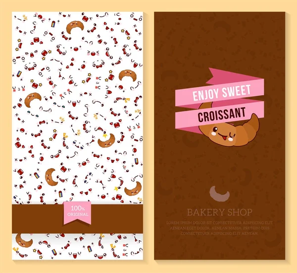 Kawaii dvě oboustranné brožura, leták pro pekárnu. legrační lístky design s emocí vzor a sladký rohlík. Vektorové ilustrace. — Stockový vektor