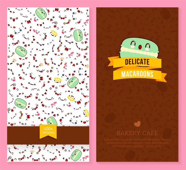 Kawaii dvě oboustranné brožura, leták pro kavárny pekařství. legrační lístky design s emocí vzor a sweet macaron. Vektorové ilustrace. — Stockový vektor