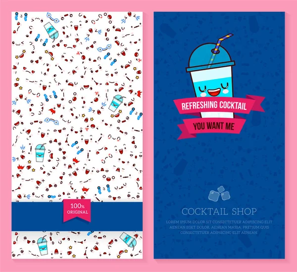 Kawaii zweiseitige Broschüre, Flyer für Cocktailshop. Lustiges Kartendesign mit Emotion-Muster und süßem Cocktail. Vektorillustration. — Stockvektor
