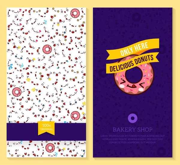 Kawaii zweiseitige Broschüre, Flyer für Bäckerladen. Lustiges Kartendesign mit Emotionsmuster und süßem Donut. Vektorillustration. — Stockvektor