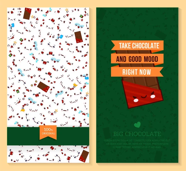 Kawaii két oldalas brosúra, szórólap édesség bolt. vicces jegyek tervezési minta érzelem és édes nagy csokoládé. Vektoros illusztráció. — Stock Vector
