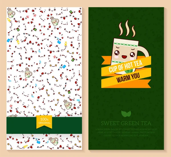 Kawaii két oldalas brosúra, szórólap, gyorsétterem. vicces jegyek tervezése érzelem minta és édes zöld tea mentával. Vektoros illusztráció. — Stock Vector