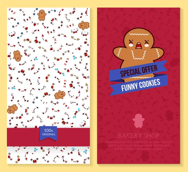 Brochure recto verso Kawaii, dépliant pour boulangerie. conception de billets drôles avec motif émotionnel et biscuit sucré. Illustration vectorielle . — Image vectorielle