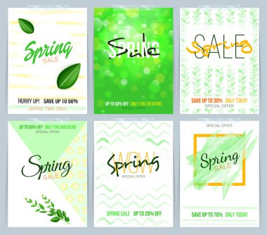 Bahar satış kartı, satış ve diğer el ilanı şablonları yeşil yaprak ve suluboya çizilmiş etkisi ile topluluğu. Vektör çizim