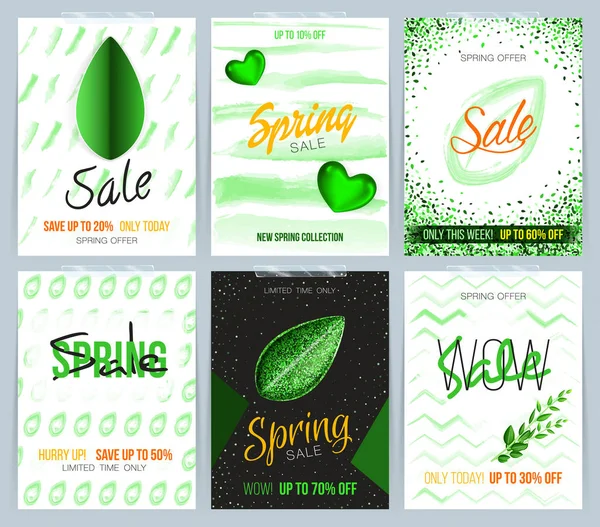 Collection de cartes de vente de printemps, vente et autres modèles de flyer avec feuille verte, coeur et aquarelle effet dessiné à la main. Illustration vectorielle — Image vectorielle