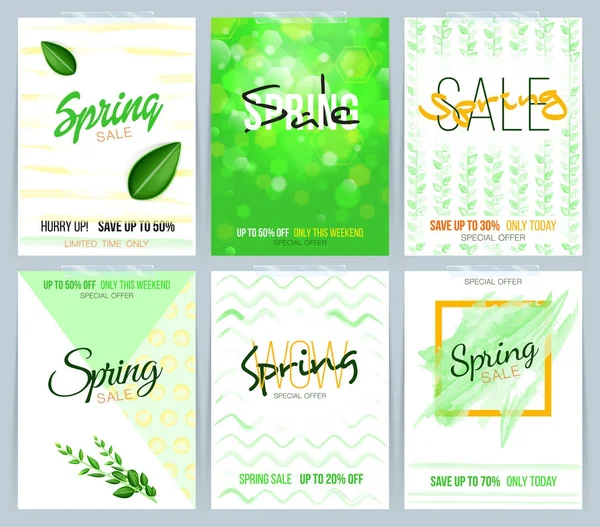 Collection de cartes de vente de printemps, vente et autres modèles de flyer avec feuille verte et effet aquarelle dessiné à la main. Illustration vectorielle — Image vectorielle