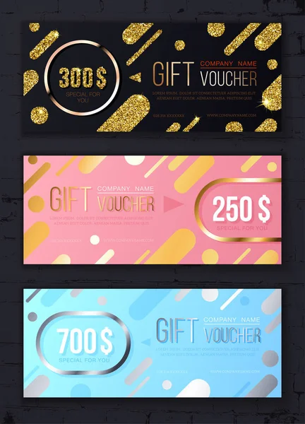 Premium gift voucher template with golden and silver glitter modern pattern. Black, pink and blue holiday cards. Concept for gift coupon, banner, flyer, invitation, certificate or ticket. — Stock Vector