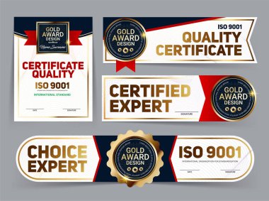 Vektör mini sertifika kalite afiş hattı koruması ve Altın Ödülü amblemi ile ayarla, ISO 9001 sertifikalı, vektör çizim