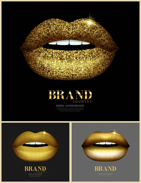 Set de labios brillantes con purpurina. Artículos de belleza y bienestar. Banner de moda con labios dorados. Ilustración vectorial — Vector de stock