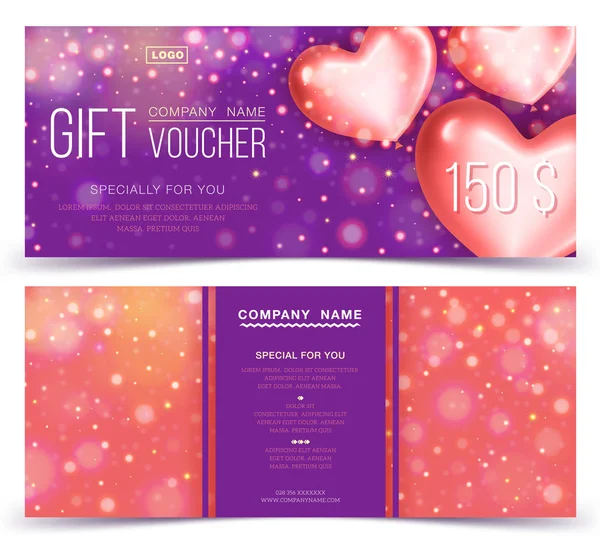 Gift voucher template with red hearts 150. Concept for gift coupon, banner, flyer, invitation ticket. Two side of discount voucher or gift certificate layout. — Stock Vector