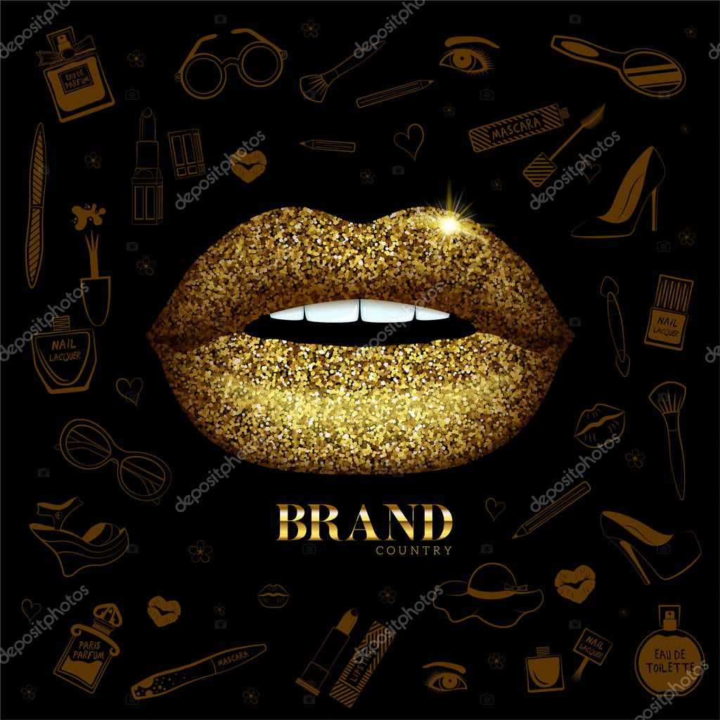 Glitter glossy lips and fashion icons background. Beauty and wellness items. Fashion banner with golden lips. Vector illustration